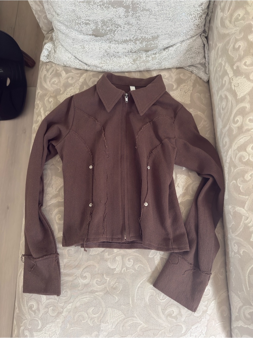 Y2K brown zip up distressed jacket with button details from Korea originally$150